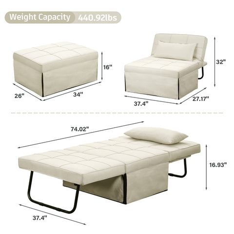 Ainfox 74inch Convertible Sofa Bed Beige,4-in-1 Folding Sofa