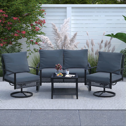 Ainfox 4-Piece Outdoor Patio Furniture Sofa Set, Includes 2 Swivel Glider Chairs,1 Tempered Glass-top Coffee Table and 1 Rocking Loveseat