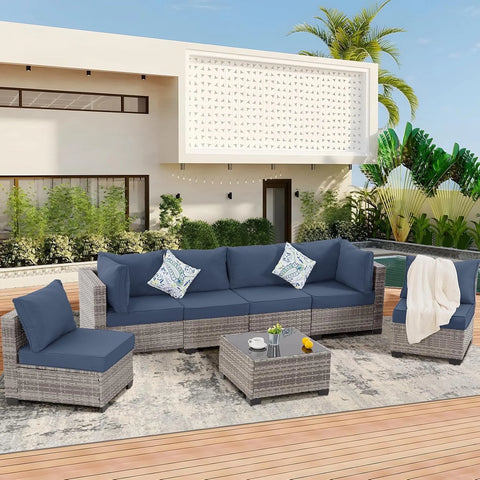 Ainfox 7 Piece Outdoor Patio Furniture Sofa Set on Sale, Grey Rattan Blue Cushion