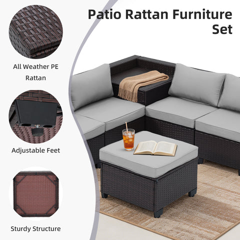 Ainfox 8 Piece Outdoor Patio Rattan Sectional Storage Furniture Set, All Weather PE Wicker Modular Conversation Sofa with Ottoman & Side Box for Backyard Pool Deck