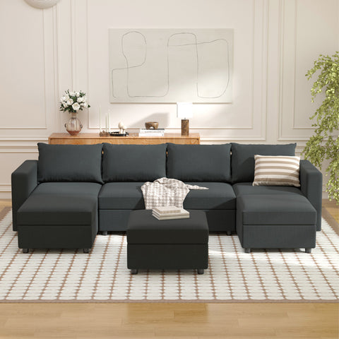 Ainfox Modular Sectional Sofa Couch with Storage Seat 4 Seats + 3 Ottoman