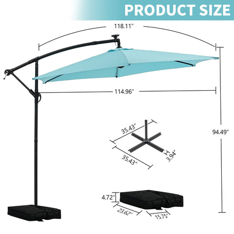 Ainfox 10ft Cantilever Patio Umbrella with Lights, Offset Market Umbrella with Sandbags Weighted Base and Cross Base
