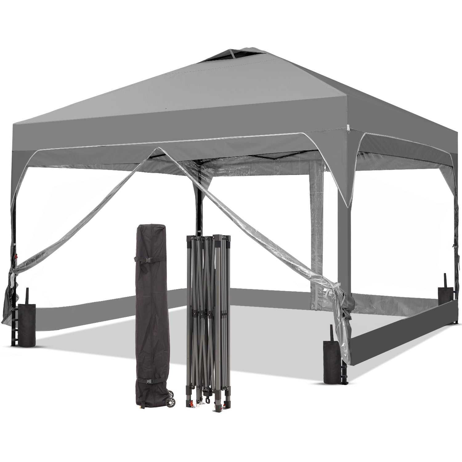 12ft x12ft Pop Up Canopy 4 transparent sidewalls Outside Canopy Wheeled Carry Bag Bonus 8 Stakes 4 Ropes