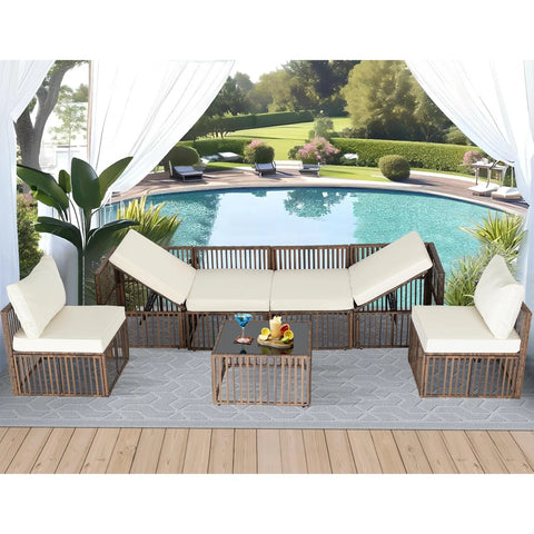 Ainfox 7 Pieces Outdoor Wicker Patio Furniture Set, Adjustable Backrest Sectional Conversation Couch with Thick Cushions & Coffee Table for Garden Porch Poolside