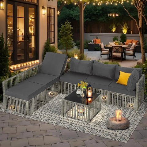 Ainfox 7 Pieces Outdoor Wicker Patio Furniture Set, Adjustable Backrest Sectional Conversation Couch with Thick Cushions & Coffee Table for Garden Porch Poolside