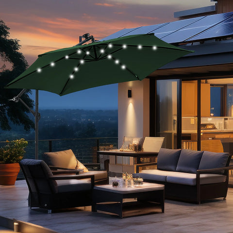 Ainfox 10ft Cantilever Patio Umbrella with Lights, Offset Market Umbrella with Sandbags Weighted Base and Cross Base
