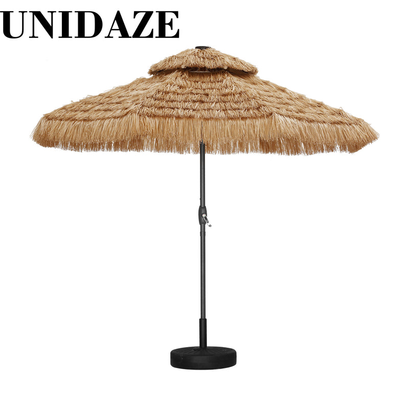 UNIDAZE 9FT Double Tiers Solar LED Lights Thatched Hawaiian Tiki Umbrella, Outdoor, Pool, Patio, Beach, Yellow