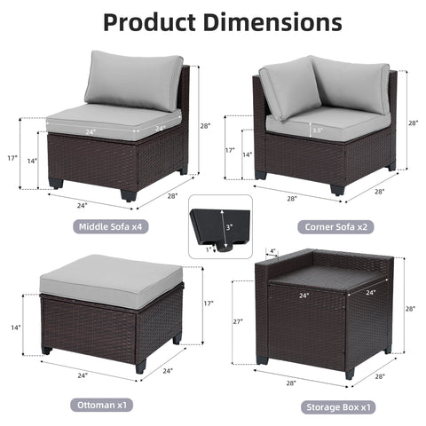 Ainfox 8 Piece Outdoor Patio Rattan Sectional Storage Furniture Set, All Weather PE Wicker Modular Conversation Sofa with Ottoman & Side Box for Backyard Pool Deck