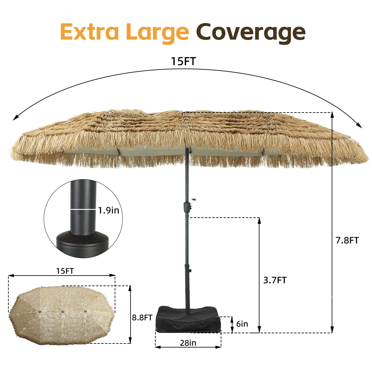 Ainfox Thatched Tiki Patio Umbrella, Outdoor Market Umbrella 7.5FT/9FT/13FT/15FT for Garden, Deck, Backyard, Pool, Beach