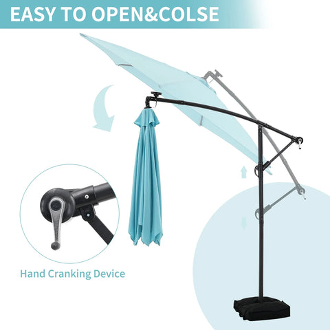 Ainfox 10ft Cantilever Patio Umbrella with Lights, Offset Market Umbrella with Sandbags Weighted Base and Cross Base