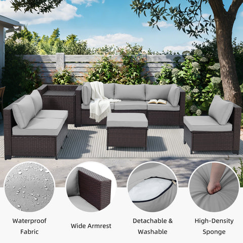 Ainfox 8 Piece Outdoor Patio Rattan Sectional Storage Furniture Set, All Weather PE Wicker Modular Conversation Sofa with Ottoman & Side Box for Backyard Pool Deck