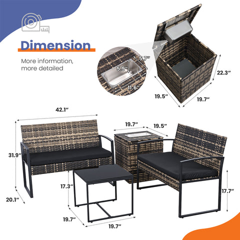 Ainfox 4 Piece Outdoor Patio Furniture Set with Ice Cooler Storage Box & Coffee Table for Outside, Garden, Balcony, Porch