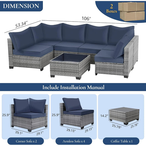 Ainfox 7 Piece Outdoor Patio Furniture Sofa Set on Sale, Grey Rattan Blue Cushion