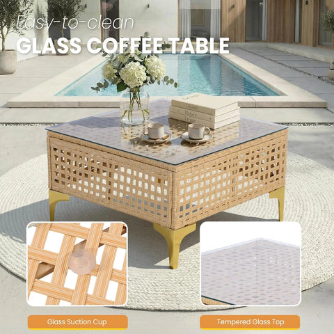Ainfox 8-Piece Oversized Wicker Patio Furniture Set, UV-Resistant PE Rattan Outdoor Conversation Sofa with Storage Box & Tempered Glass Coffee Table, Yellow/Beige | Porch Backyard Poolside