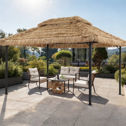 Ainfox 10x13 FT Imitation Straw Patio Gazebo-Heavy Duty Metal Frame Double Tier Ventilated Roof Outdoor Tiki Hut Shade Canopy for Backyard Pool Deck