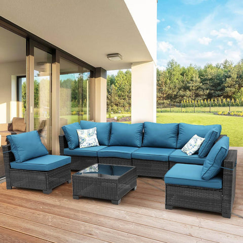 Ainfox 7 Pieces Patio Furniture Set Outdoor Coffee Rattan Wicker Patio Conversation Set with Coffee Table