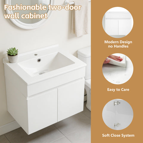 Ainfox Wall Mounted Bathroom Vanity with Ceramic Top and Sink, Storage Cabinet