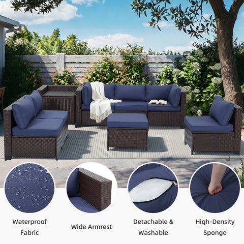 Ainfox 8 Piece Outdoor Patio Rattan Sectional Storage Furniture Set, All Weather PE Wicker Modular Conversation Sofa with Ottoman & Side Box for Backyard Pool Deck