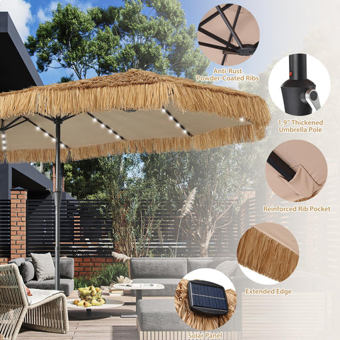 Ainfox 15ft Large Thatched Tiki Patio Umbrella with Lights and Weighted Sandbags, Outdoor Heavy-Duty Double-Sided Rectangle Market Umbrella for Garden, Deck, Backyard, Pool, Beach