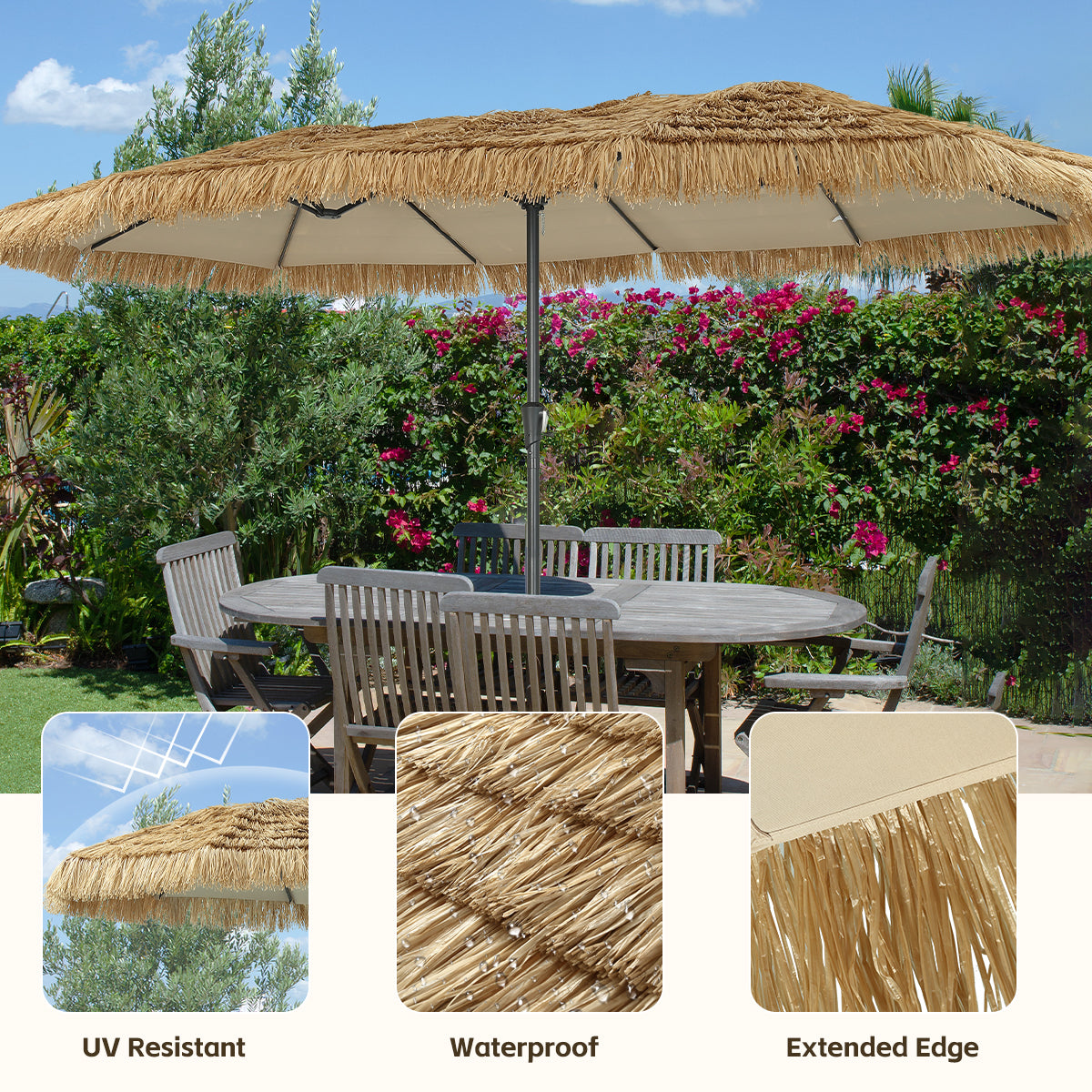 Ainfox Thatched Tiki Patio Umbrella, Outdoor Market Umbrella 7.5FT/9FT/13FT/15FT for Garden, Deck, Backyard, Pool, Beach