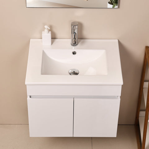 Ainfox Wall Mounted Bathroom Vanity with Ceramic Top and Sink, Storage Cabinet, Faucet Combo Set