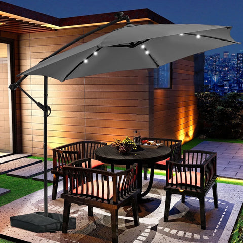 Ainfox 10ft Cantilever Patio Umbrella with Lights, Offset Market Umbrella with Sandbags Weighted Base and Cross Base Black / with Lights