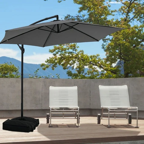 Ainfox 10ft Cantilever Patio Umbrella with Lights, Offset Market Umbrella with Sandbags Weighted Base and Cross Base