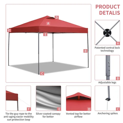 Ainfox 10x10 ft Pop Up Canopy Tent with 4 Weighted Bags, Instant Outdoor Shade Shelter with Portable Carrying Bag, Waterproof UV Protection Gazebo for Events, Parties and Beach,Red