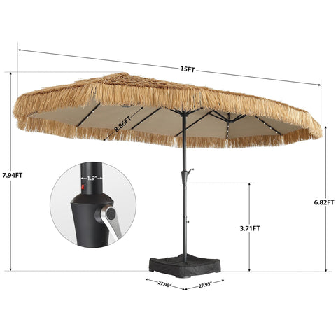 Ainfox 15ft Large Thatched Tiki Patio Umbrella with Lights and Weighted Sandbags, Outdoor Heavy-Duty Double-Sided Rectangle Market Umbrella for Garden, Deck, Backyard, Pool, Beach