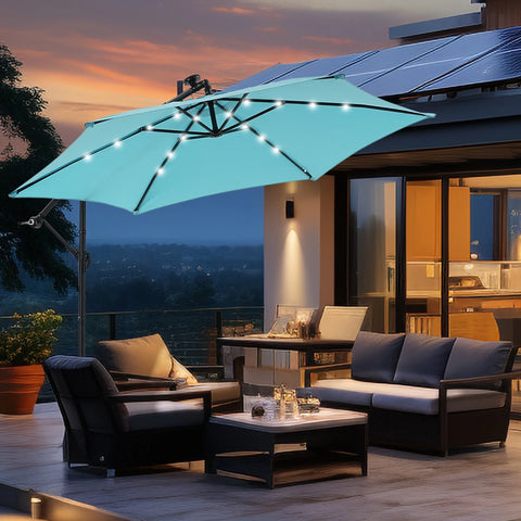 Ainfox 10ft Cantilever Patio Umbrella with Lights, Offset Market Umbrella with Sandbags Weighted Base and Cross Base