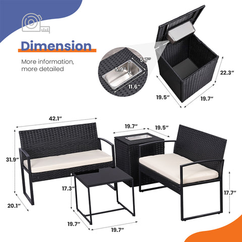 Ainfox 4 Piece Outdoor Patio Furniture Set with Ice Cooler Storage Box & Coffee Table for Outside, Garden, Balcony, Porch