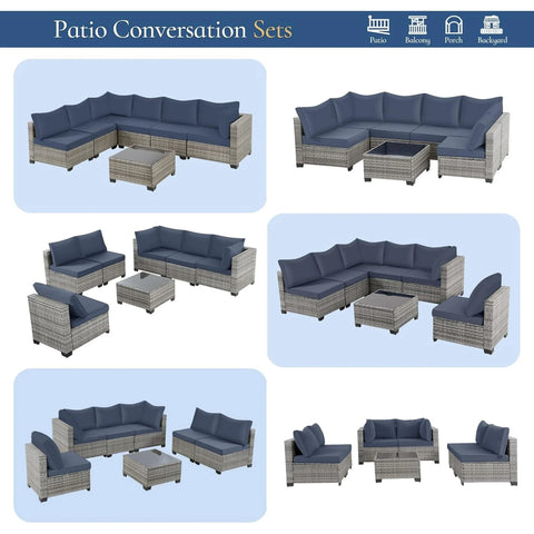 Ainfox 7 Piece Outdoor Patio Furniture Sofa Set on Sale, Grey Rattan Blue Cushion