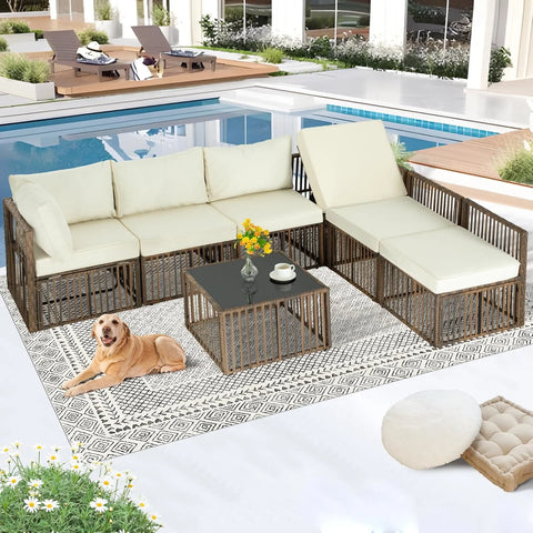 Ainfox 7 Pieces Outdoor Wicker Patio Furniture Set, Adjustable Backrest Sectional Conversation Couch with Thick Cushions & Coffee Table for Garden Porch Poolside