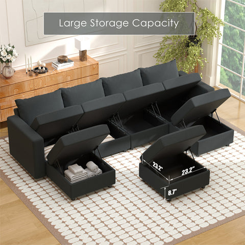 Ainfox Modular Sectional Sofa Couch with Storage Seat 4 Seats + 3 Ottoman