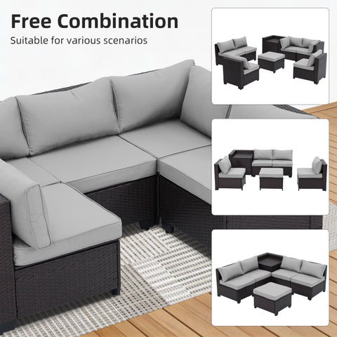 Ainfox 8 Piece Outdoor Patio Rattan Sectional Storage Furniture Set, All Weather PE Wicker Modular Conversation Sofa with Ottoman & Side Box for Backyard Pool Deck