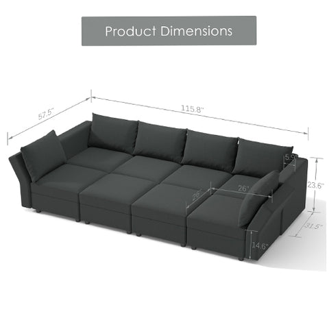 Ainfox Modular Sectional Sofa Couch with Storage Seat 6 Seats + 2 Ottomans