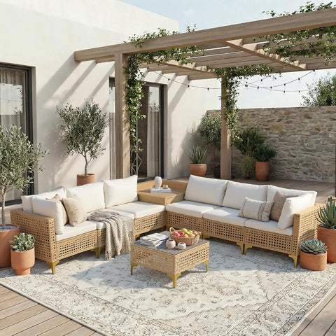 Ainfox 8-Piece Oversized Wicker Patio Furniture Set, UV-Resistant PE Rattan Outdoor Conversation Sofa with Storage Box & Tempered Glass Coffee Table, Yellow/Beige | Porch Backyard Poolside