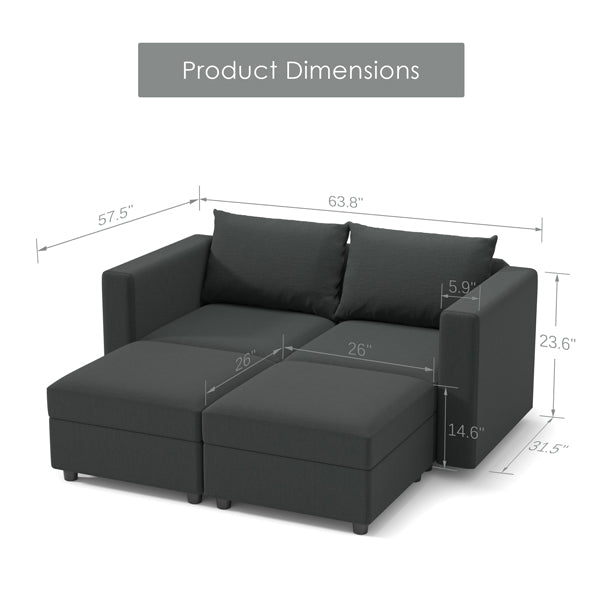 Ainfox Modular Sectional Sofa Couch with Storage Seat 2 Seats +2 Ottomans