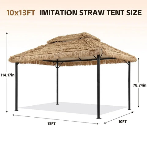 Ainfox 10x13 FT Imitation Straw Patio Gazebo-Heavy Duty Metal Frame Double Tier Ventilated Roof Outdoor Tiki Hut Shade Canopy for Backyard Pool Deck