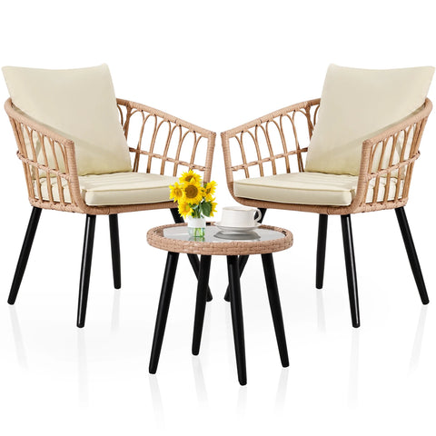 Ainfox 3-Piece Outdoor Wicker Bistro Set, All-Weather Rattan Chairs with Washable Cushions and Tempered Glass Table, Beige & Yellow