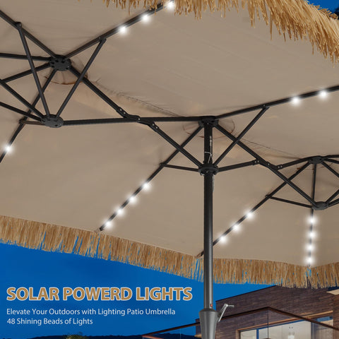 Ainfox 15ft Large Thatched Tiki Patio Umbrella with Lights and Weighted Sandbags, Outdoor Heavy-Duty Double-Sided Rectangle Market Umbrella for Garden, Deck, Backyard, Pool, Beach