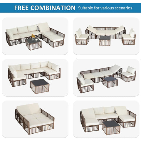 Ainfox 7 Pieces Outdoor Wicker Patio Furniture Set, Adjustable Backrest Sectional Conversation Couch with Thick Cushions & Coffee Table for Garden Porch Poolside