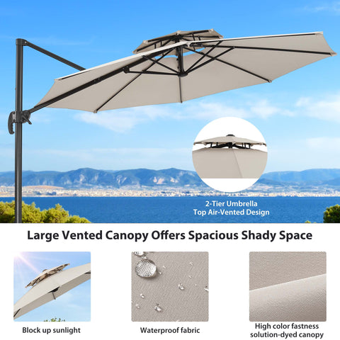 Ainfox 10ft Double Top Heavy-Duty Patio Cantilever Umbrella with Cross Base, Outdoor Large Offset Hanging Aluminum Rotation Sun Shade Umbrella with 360°Rotation Adjustable