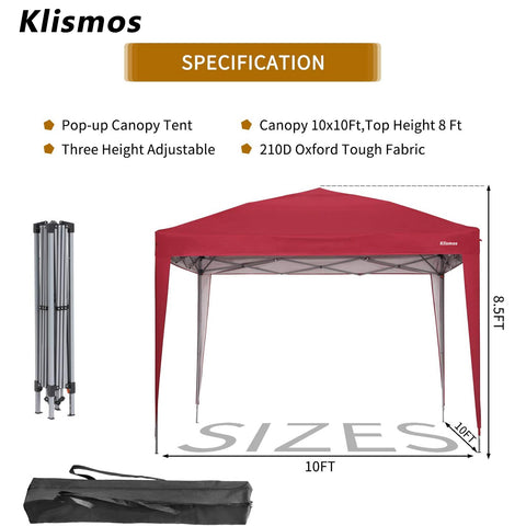 Klismos 10ft X 10ft Pop Up Canopy  For Patio,Garden,Beach Outdoor,Indoor With Four Sidewalls