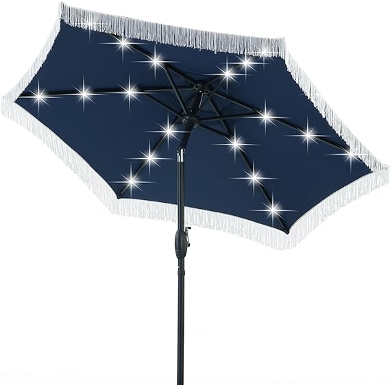 7.5ft Patio Umbrella with Fringe& Led Lights for Event Outdoor Garden Yard Deck Wedding Themed Restaurant Cafe Bistro Set