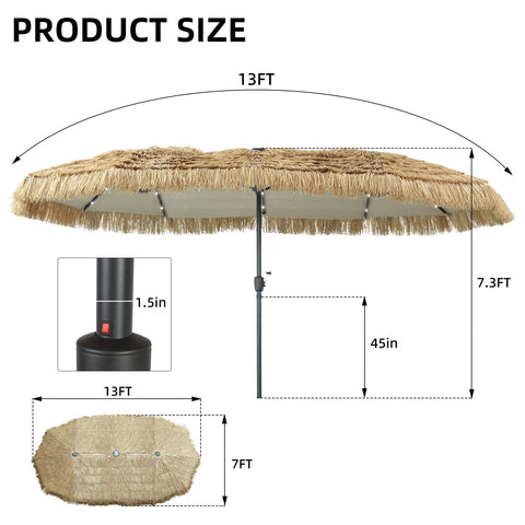 Ainfox 13ft Large Thatched Tiki Patio Umbrella with Solar LED Lights, Outdoor Heavy-Duty Double-Sided Rectangle Market Umbrella for Garden, Deck, Backyard, Pool, Beach