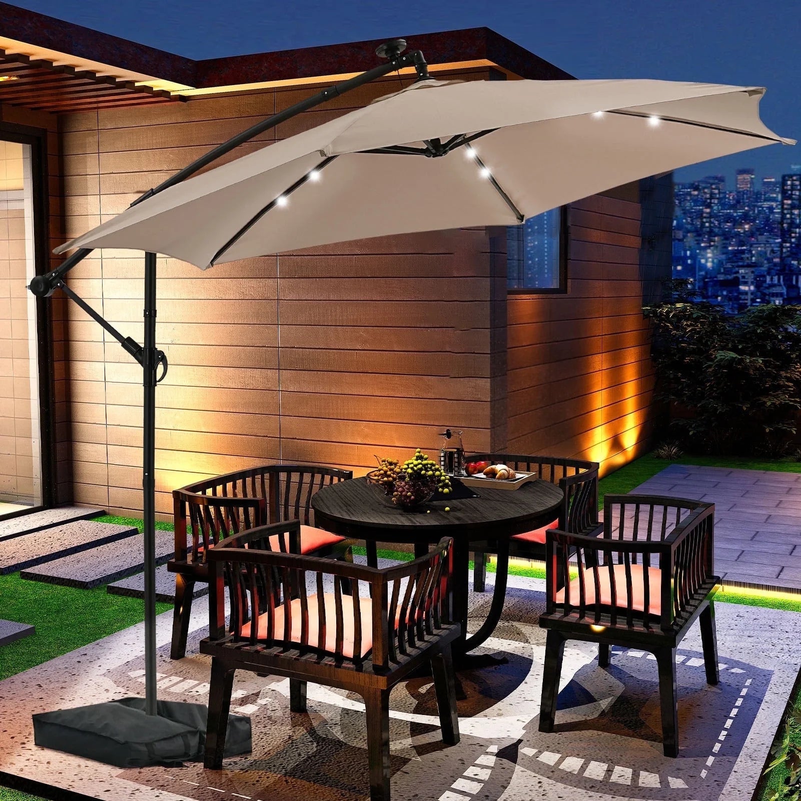 Ainfox 10ft Cantilever Patio Umbrella with Lights, Offset Market Umbrella with Sandbags Weighted Base and Cross Base Khaki / with Lights