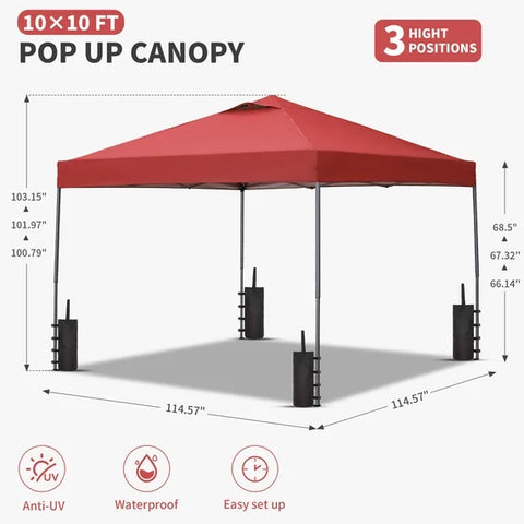 Ainfox 10x10 ft Pop Up Canopy Tent with 4 Weighted Bags, Instant Outdoor Shade Shelter with Portable Carrying Bag, Waterproof UV Protection Gazebo for Events, Parties and Beach,Red