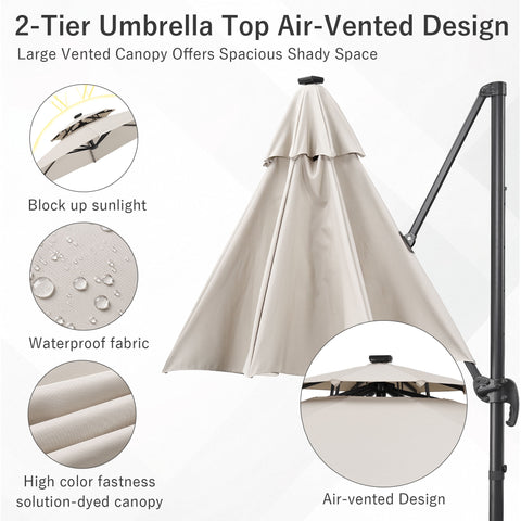 Ainfox 10ft Double Top Heavy-Duty Patio Cantilever Umbrella with lights and Cross Base, Outdoor Large Offset Hanging Aluminum Rotation Sun Shade Solar Umbrella with 360°Rotation Adjustable, Beige