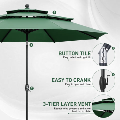 Ainfox 10FT 3 tier vented Outdoor Table Umbrella with Partern Umbrella Base For Beach Market Backyard Camping
